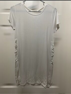 Takeout White Crewneck Swim Suit Cover-Up With Lacing Detail